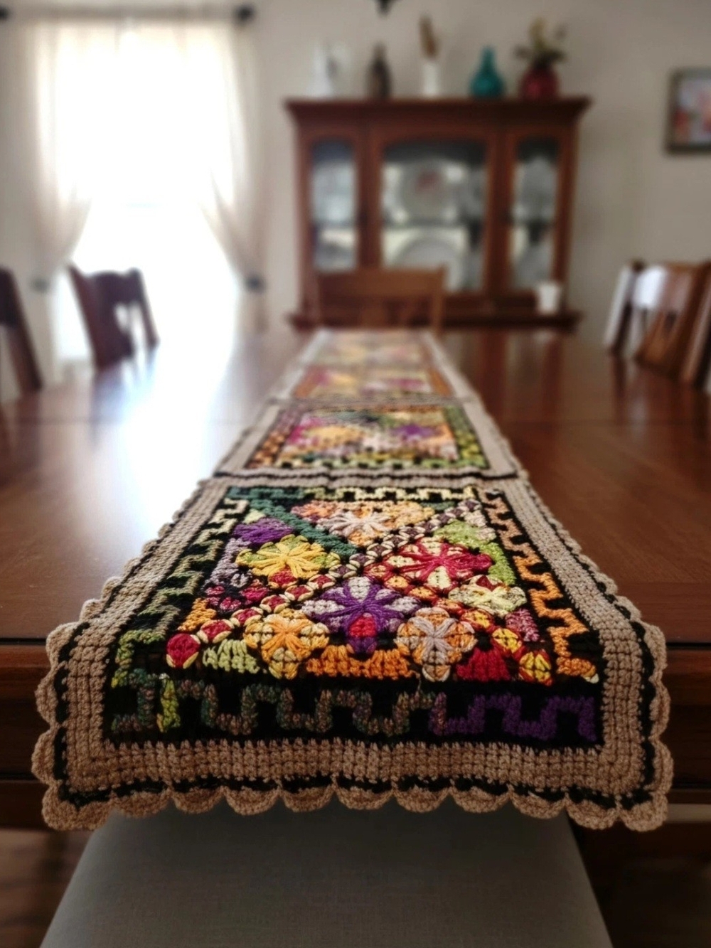 Crocheted Multicolor Floral Rectangular Table Runner Traditional Yarn Guatemala